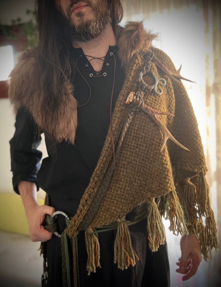 Big Handwoven Shawl, Norse Witch Shawl: Viking Wedding Wrap with Nordic Amulet Belt