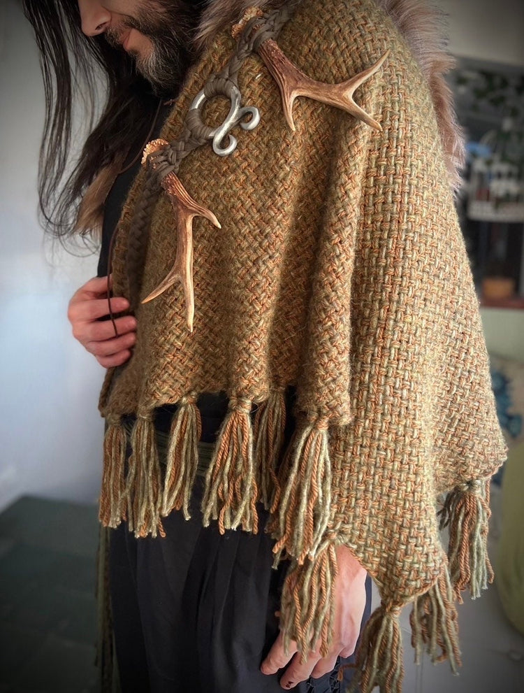Big Handwoven Shawl, Norse Witch Shawl: Viking Wedding Wrap with Nordic Amulet Belt