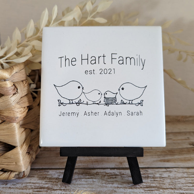 Custom Family Name Sign, YOUR Last Name with optional established year, tile with choice of easel color, easel sign - easel included