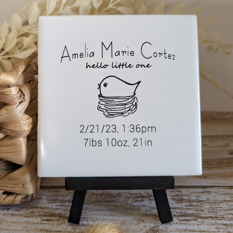 Custom Baby Birth Date Sign, YOUR Baby's name and birth info tile with choice of critter, easel sign - easel included