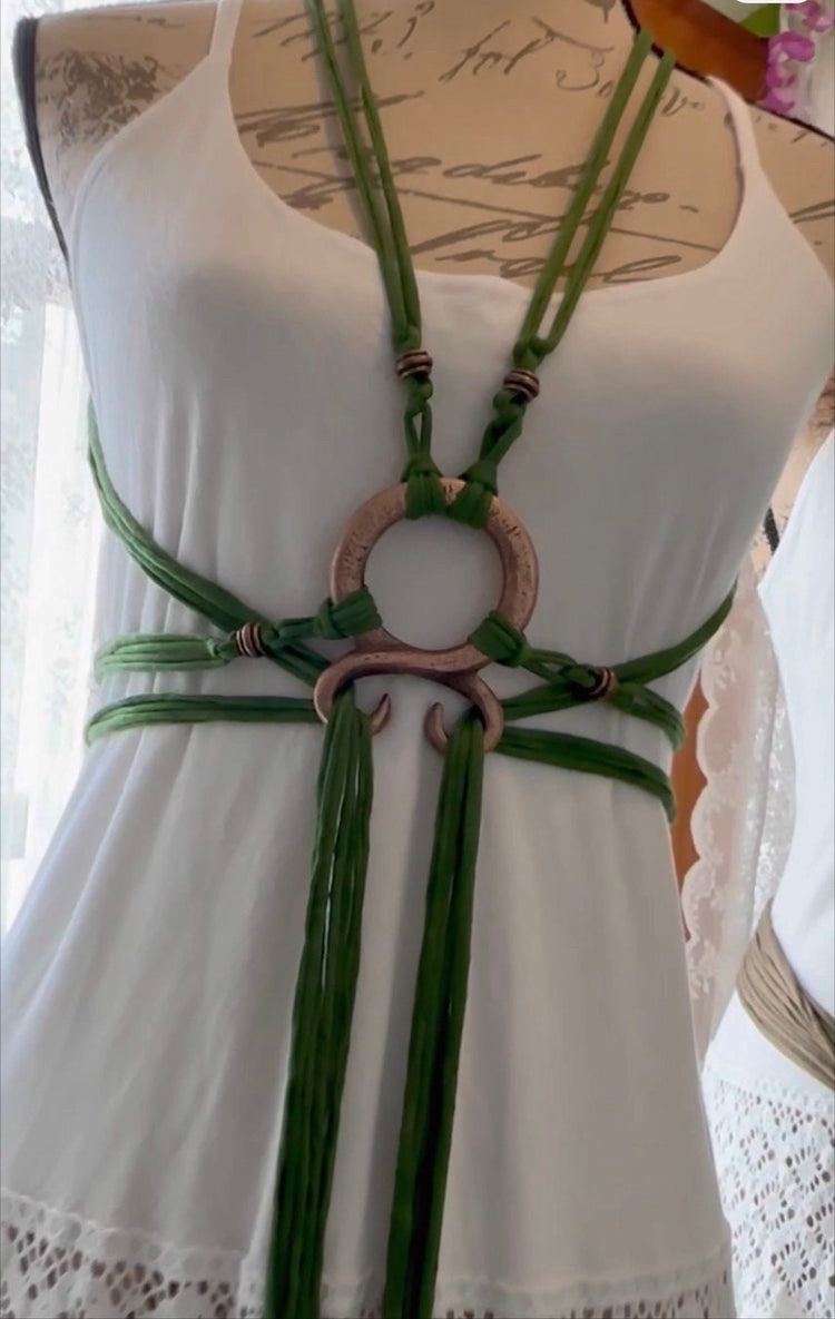 Norse Witch Belt: Beltane Troll Cross Harness, Recycled Fabrics
