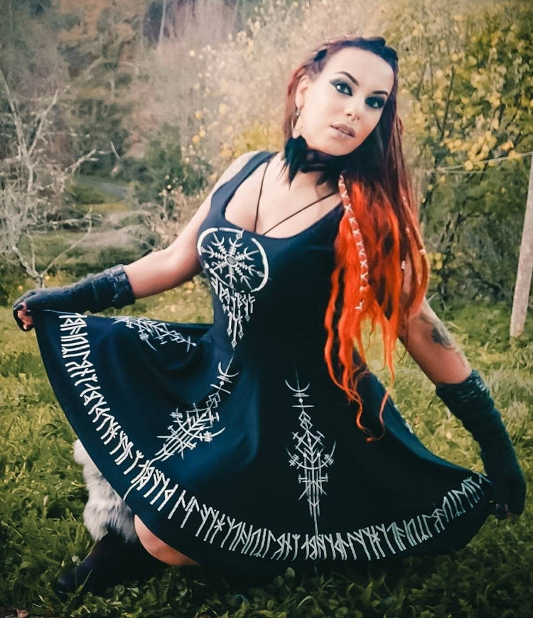 Norse Twilight Blue Dress: Viking Runes, Pagan Amulet