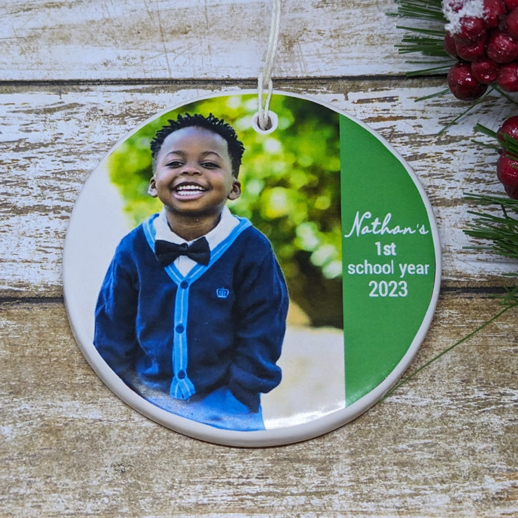 Ornament First School Year, Ceramic Ornament, Personalized Child Ornament - your photo and Child's name 1st School Year Ornament