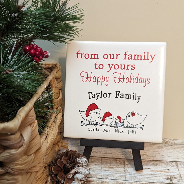 Custom Family Name Holiday Sign, YOUR Names,   tile with choice of easel color, easel sign - easel included