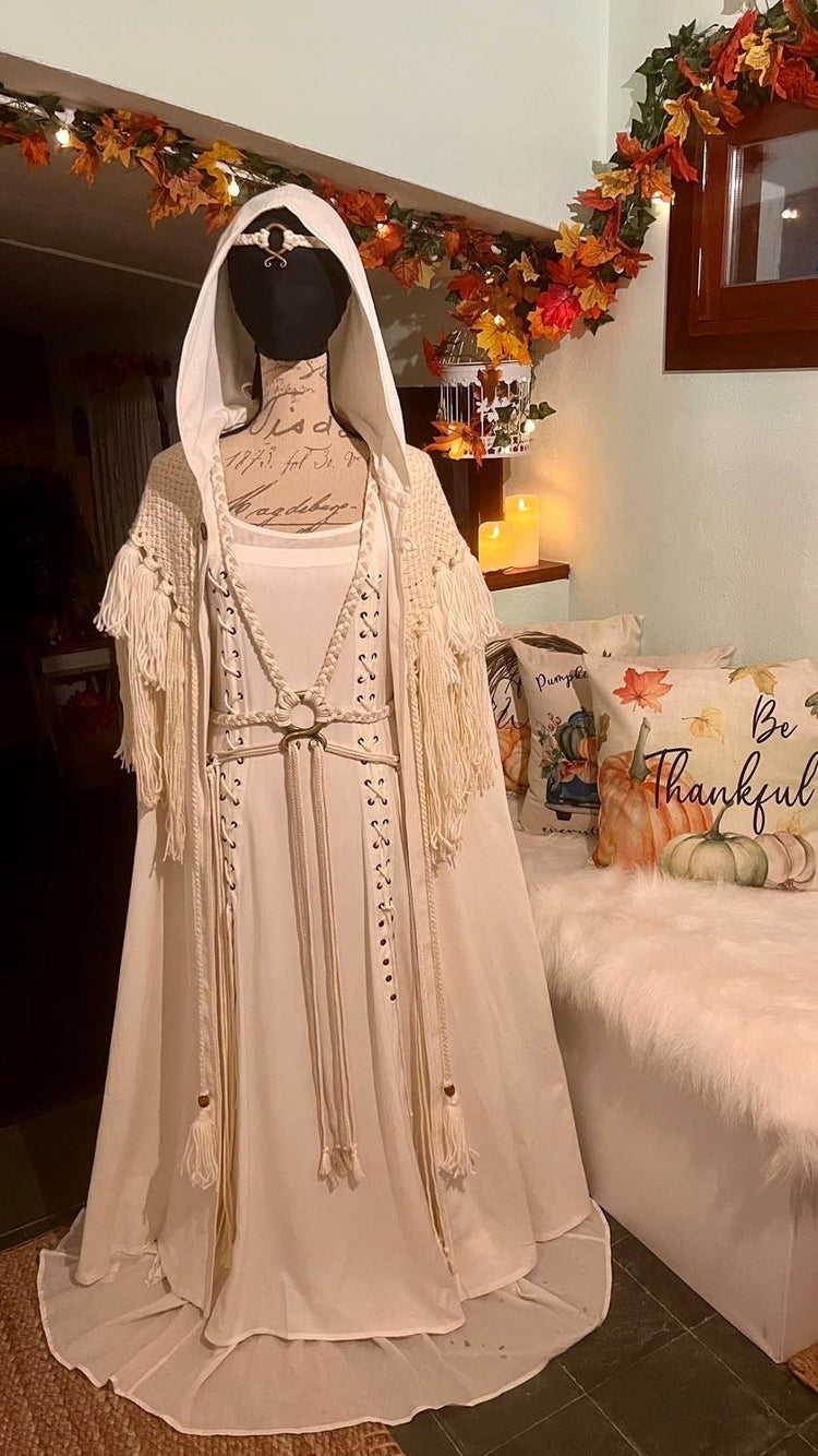 Custom Norse Wedding Dress Set: Cotton Cloak, Woven Shawl, Fur Mantle