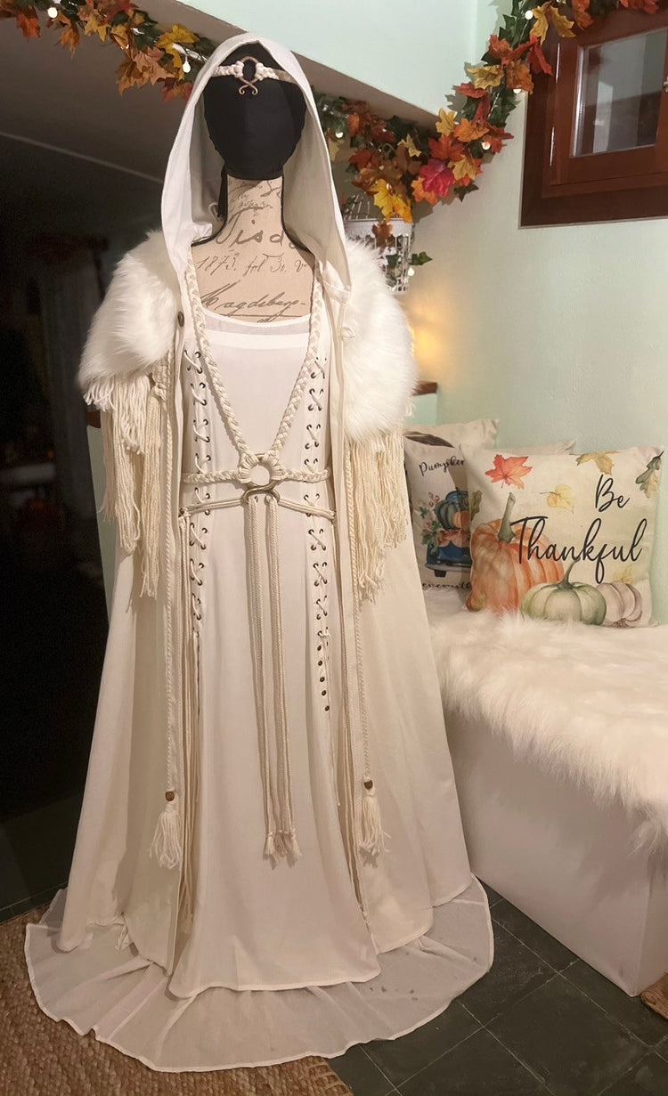 Custom Norse Wedding Dress Set: Cotton Cloak, Woven Shawl, Fur Mantle