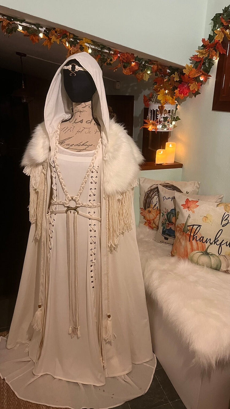 Custom Norse Wedding Dress Set: Cotton Cloak, Woven Shawl, Fur Mantle