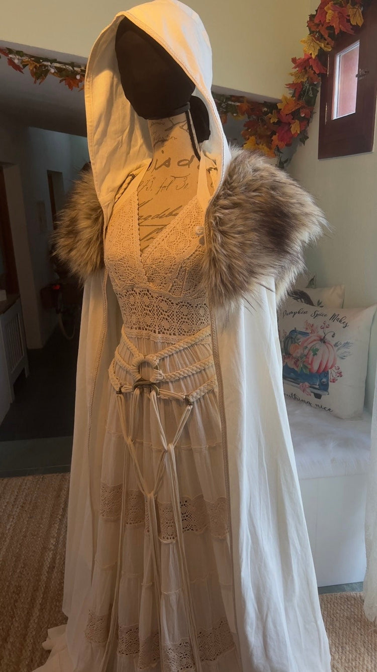 Custom Wedding Set for Stephanie, Dress +Belt +Cotton Cloak + fur mantle