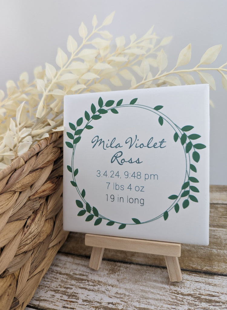 Custom Nature Baby Birth Date Sign, YOUR Baby's name and birth info tile with easel sign - easel included