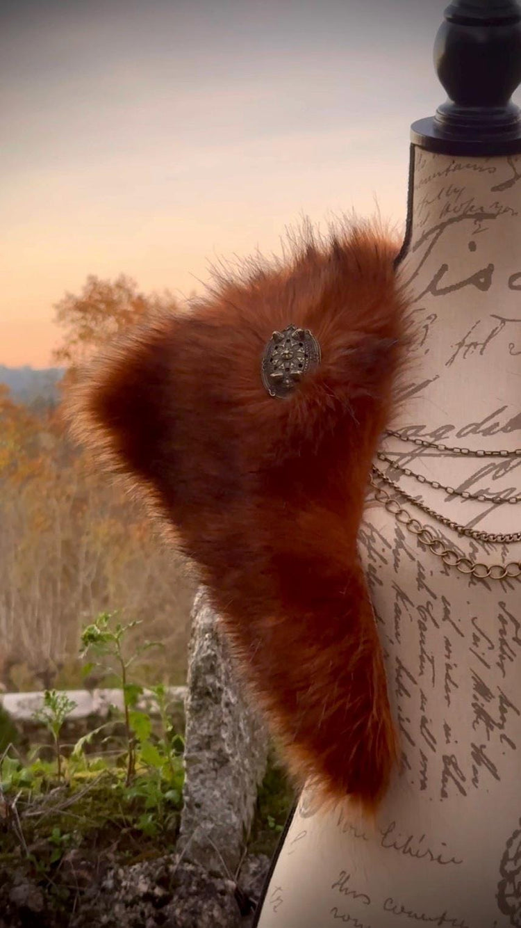Red Fox Vegan Fur Viking Mantle, Celtic Wedding Shoulder Fur, Brooches & Chains