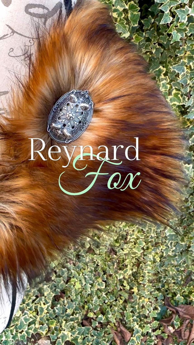 Red Fox Vegan Fur Viking Mantle, Celtic Wedding Shoulder Fur, Brooches & Chains