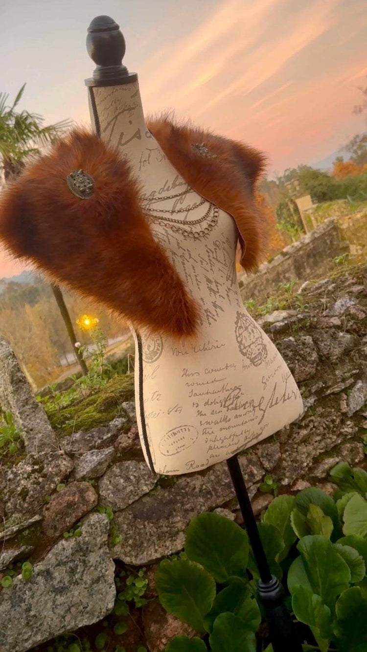 Red Fox Vegan Fur Viking Mantle, Celtic Wedding Shoulder Fur, Brooches & Chains