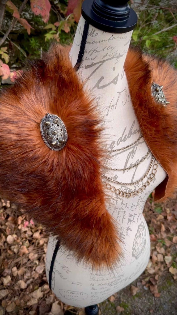 Red Fox Vegan Fur Viking Mantle, Celtic Wedding Shoulder Fur, Brooches & Chains