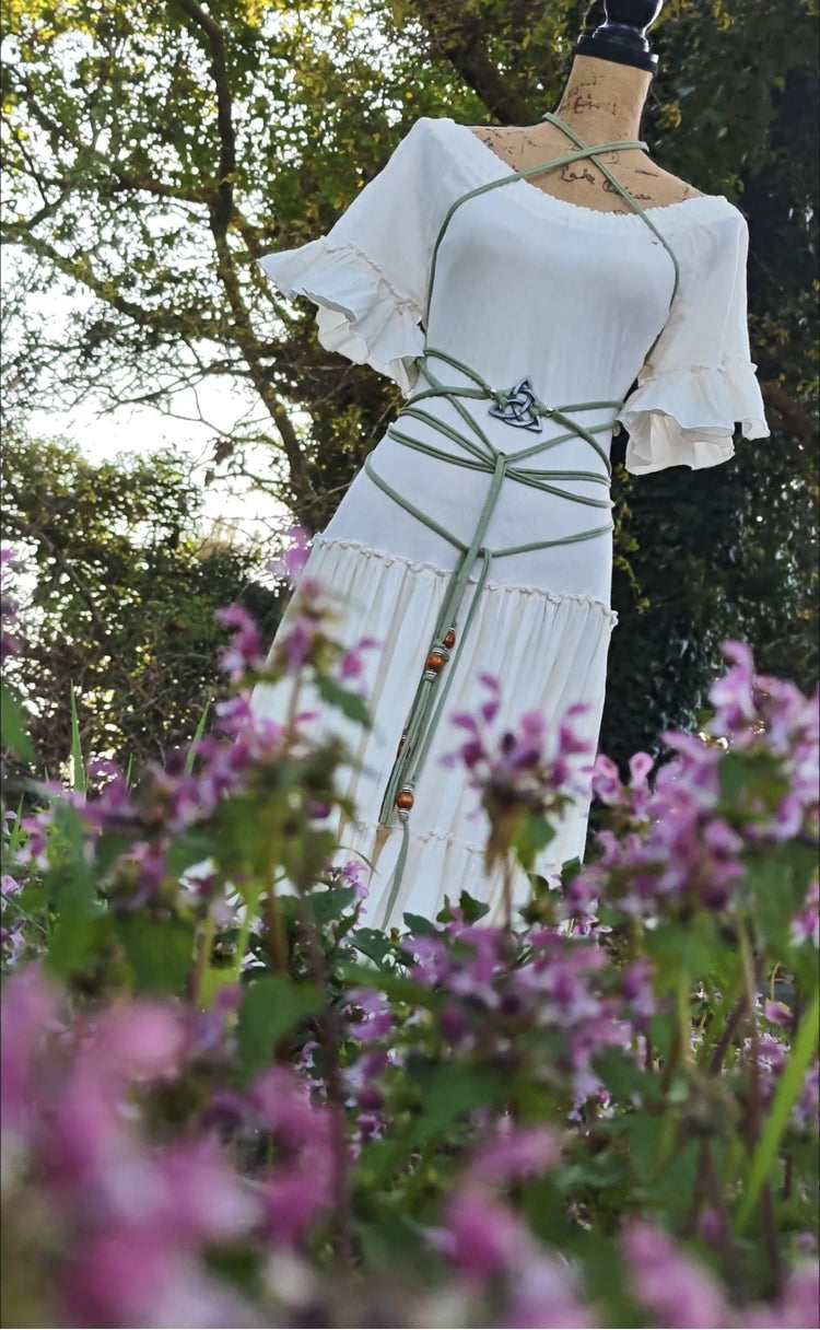 Celtic Handfasting Dress Set, Green Harness Belt, Shaman Shawl