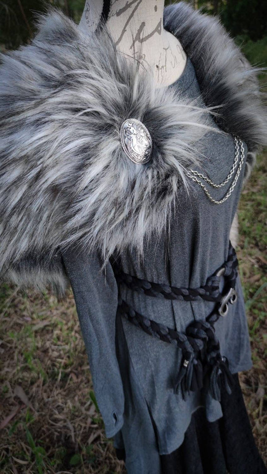 Gray Wolf Vegan Fur Viking Mantle: Norse Wedding Shawl with Brooches
