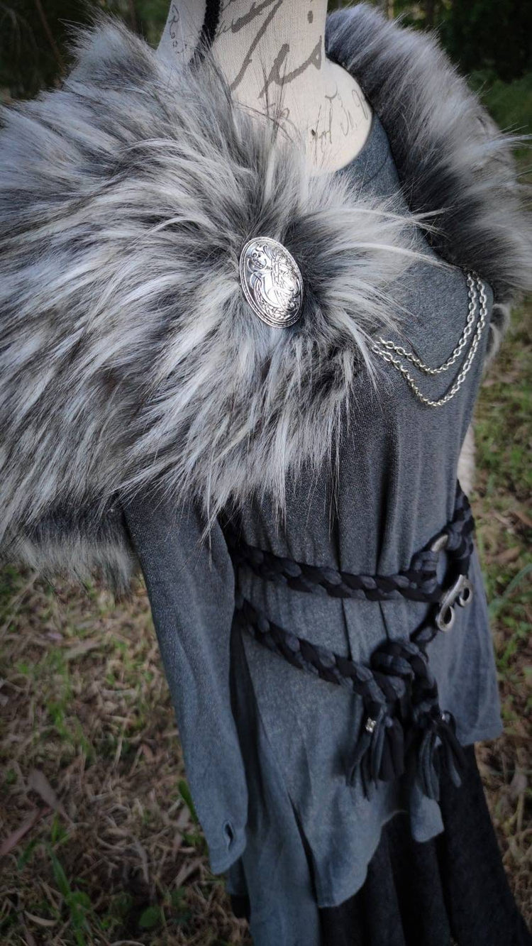 Gray Wolf Vegan Fur Viking Mantle: Norse Wedding Shawl with Brooches