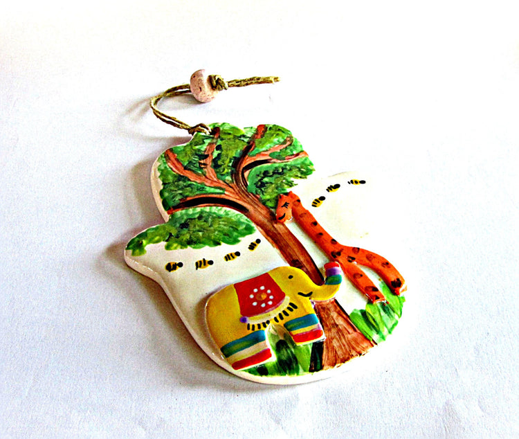 Good luck gift. Home protection. Ceramic wall hanging. Evil eye protection. Hamsa decor. Hamsa wall. Hamsa wall hanging. Elephant. giraffe.