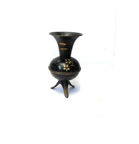 Mid century vase. Small vase. Vintage small vase. Painted vase. Floral vase. Black vase. Metal vase. Copper vase. Footed. True vintage.