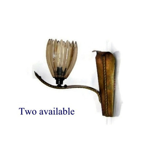 Wall lighting. Sconce. Wall lamp. Flower lamp. Old copper lamp. Flower shaped glass lamp shade. Vintage. Rewired and working. Two available.