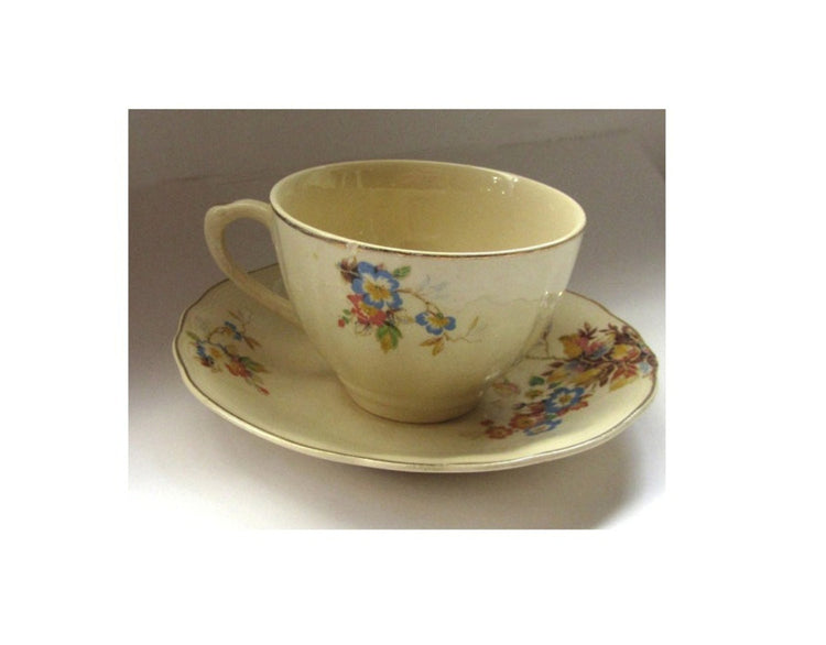 Tea cup and saucer. Floral china. Mid century ceramic. Gold trim. China dishes. Porcelain dish. Floral tea cup. J G Meakin. Sunshine series.