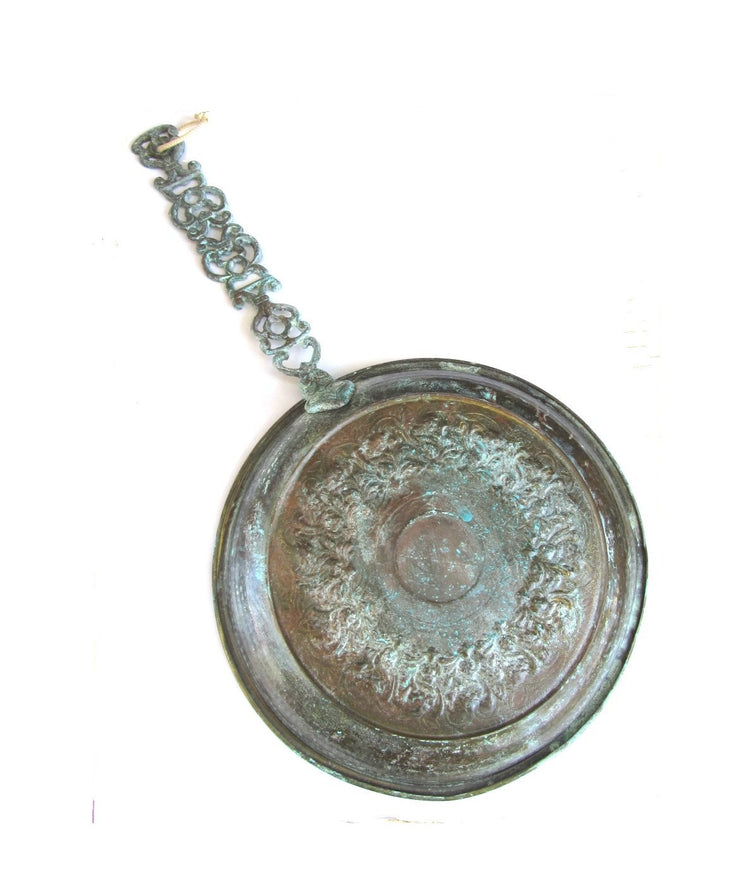 Farm kitchen. Kitchen decor rustic. Copper kitchen. Patina decor. Antique kitchen utensil. Copper wall hanging. Hanging ornate copper pan.