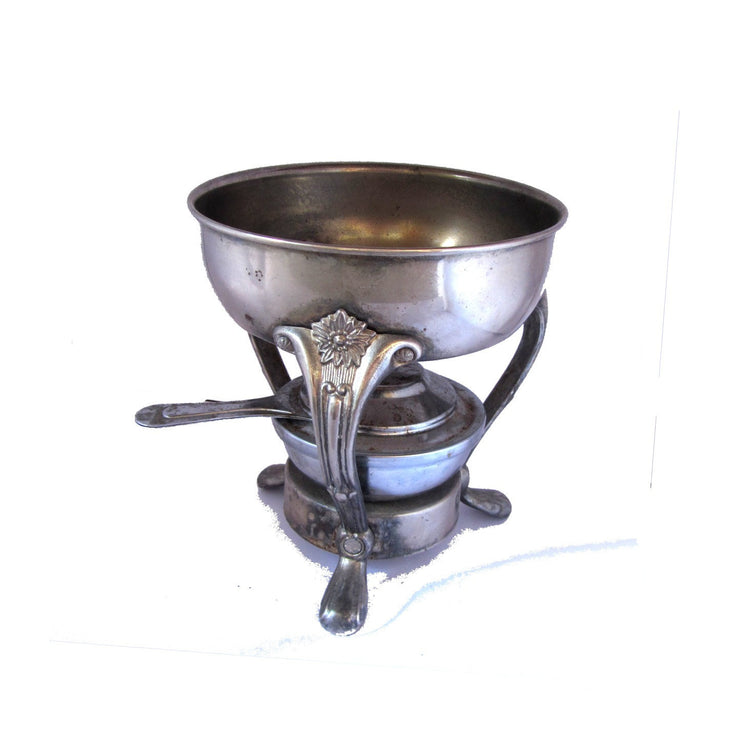 Vintage table top food warmer. Tabletop metal stand with burner. Serving caddy. Plant holder. Plant stand. Chafing dish. Silver plated.