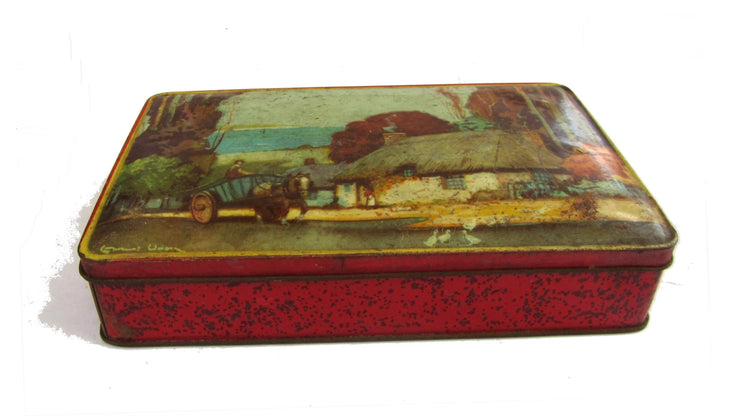 Tin box. Tin box vintage. Old tin. Candy tin. Tin litho. English countryside. Toffee. Toffee tin. Blue bird toffee tin box.