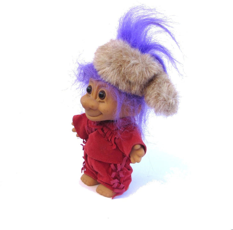 Troll. Troll doll. Russ. Vintage troll. Vintage Russ. Russ berrie. Fur hat. Purple hair. Davey crockett alike troll doll.