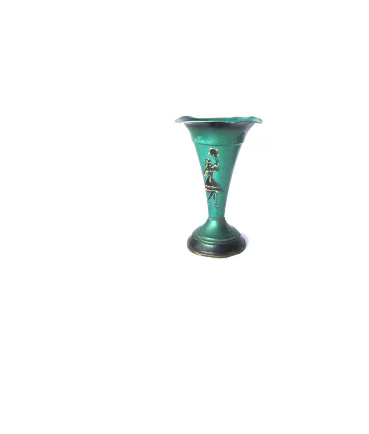 Vintage vase. Mid century vase. Green vase. Small vase. Bud vase. Hand painted vase. Made in Israel. True vintage. Dancing girl.