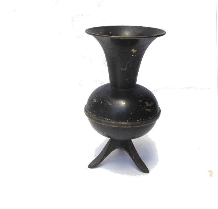 Mid century vase. Small vase. Vintage small vase. Painted vase. Floral vase. Black vase. Metal vase. Copper vase. Footed. True vintage.