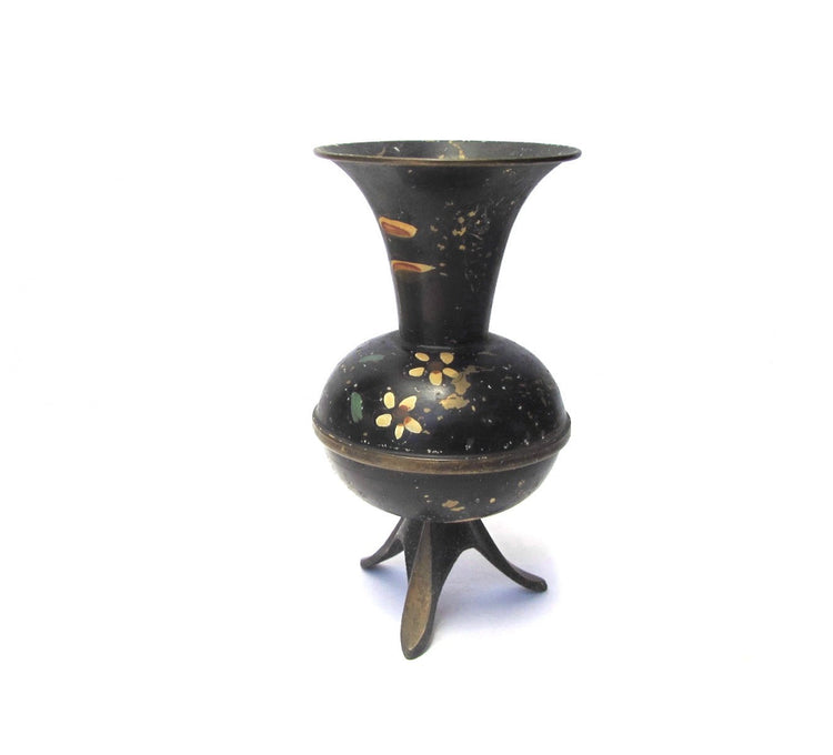 Mid century vase. Small vase. Vintage small vase. Painted vase. Floral vase. Black vase. Metal vase. Copper vase. Footed. True vintage.