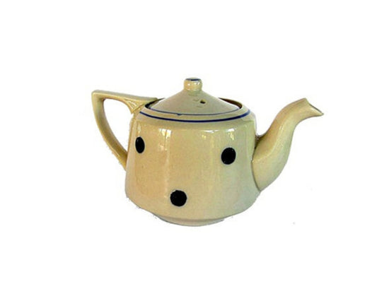 French vintage decor. Blue polka dot. Polka dot decoration. French ceramic. French pottery. White teapot. Blue white polka dot. Unique shape