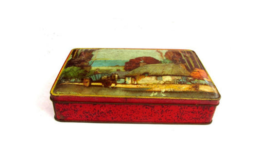 Tin box. Tin box vintage. Old tin. Candy tin. Tin litho. English countryside. Toffee. Toffee tin. Blue bird toffee tin box.