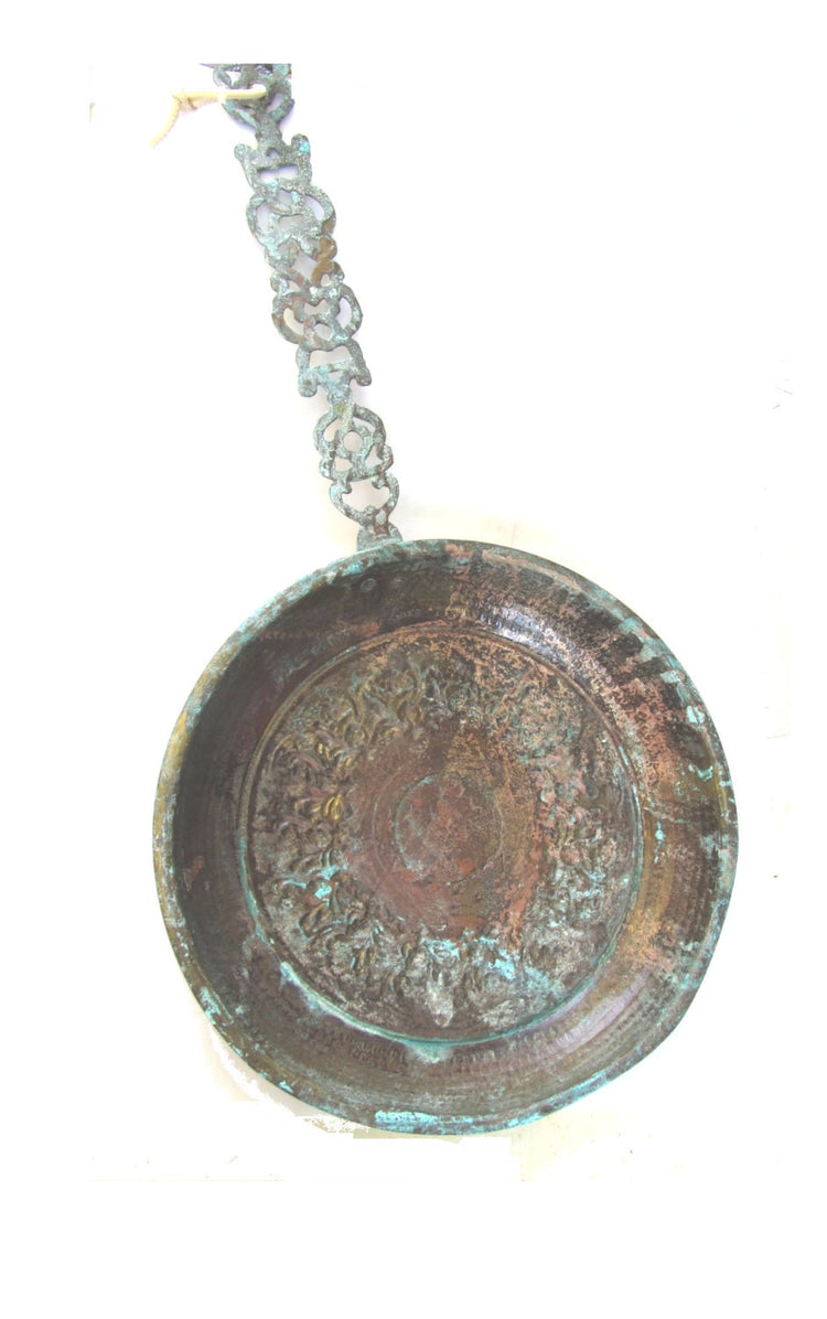 Farm kitchen. Kitchen decor rustic. Copper kitchen. Patina decor. Antique kitchen utensil. Copper wall hanging. Hanging ornate copper pan.
