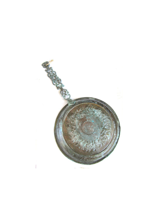 Farm kitchen. Kitchen decor rustic. Copper kitchen. Patina decor. Antique kitchen utensil. Copper wall hanging. Hanging ornate copper pan.