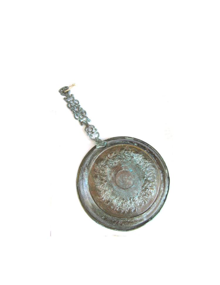 Farm kitchen. Kitchen decor rustic. Copper kitchen. Patina decor. Antique kitchen utensil. Copper wall hanging. Hanging ornate copper pan.