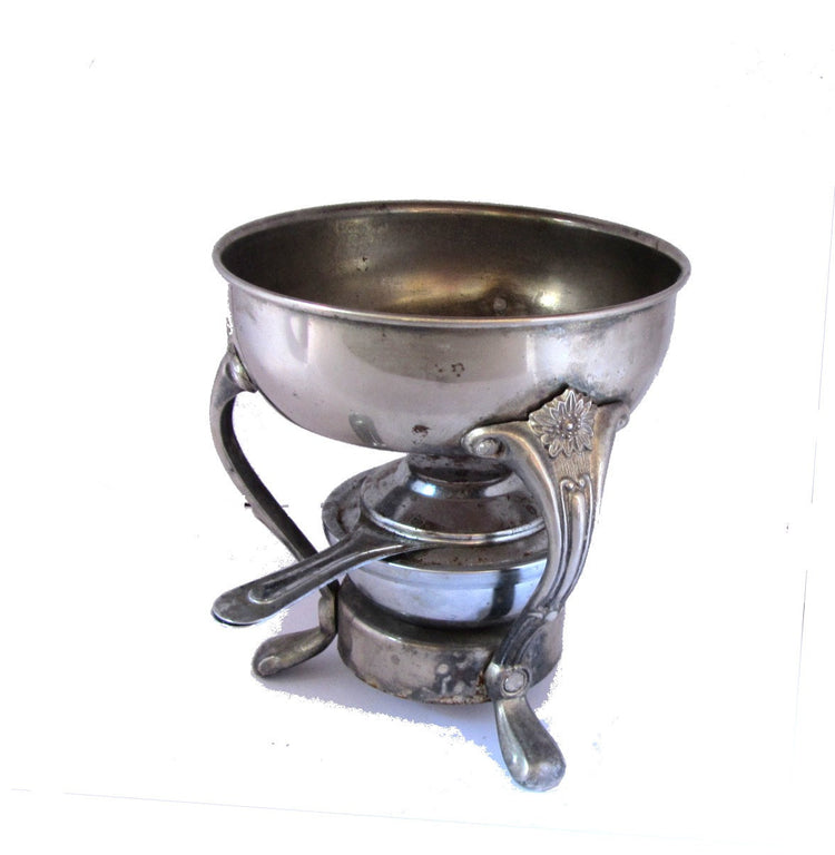 Vintage table top food warmer. Tabletop metal stand with burner. Serving caddy. Plant holder. Plant stand. Chafing dish. Silver plated.