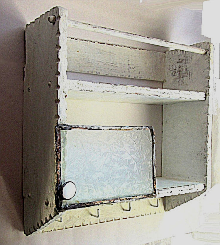 French country kitchen. Upcycled wood. Kitchen rack. Spice rack. Key organizer. Vintage spice rack. White distressed. Mid century glass.