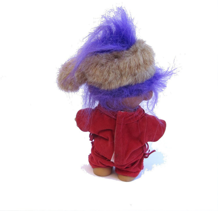 Troll. Troll doll. Russ. Vintage troll. Vintage Russ. Russ berrie. Fur hat. Purple hair. Davey crockett alike troll doll.