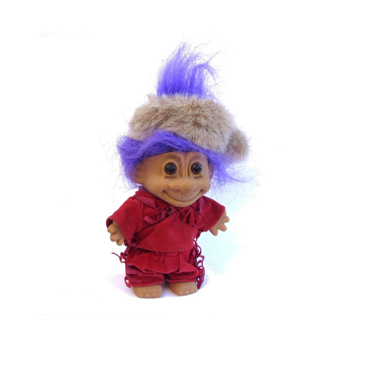 Troll. Troll doll. Russ. Vintage troll. Vintage Russ. Russ berrie. Fur hat. Purple hair. Davey crockett alike troll doll.