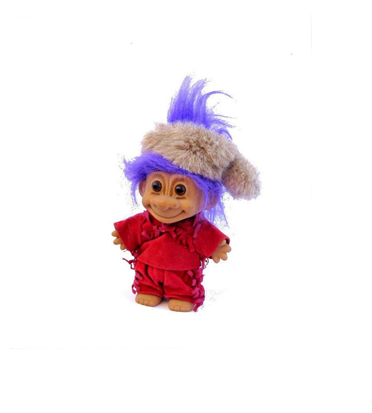 Troll. Troll doll. Russ. Vintage troll. Vintage Russ. Russ berrie. Fur hat. Purple hair. Davey crockett alike troll doll.