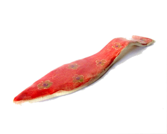 Pottery spoon rest. Ceramic spoon holder. Handmade. Unique design. Red with purple and brown flowers.