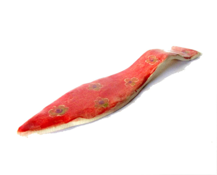 Pottery spoon rest. Ceramic spoon holder. Handmade. Unique design. Red with purple and brown flowers.