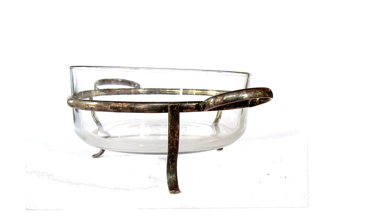 Vintage serving dish. Casserole dish. Glass serving bowl. Metal stand. Brass stand. Serving caddy. Silver serving piece. Silver plated.