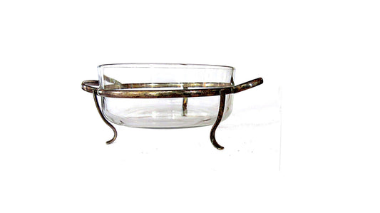 Vintage serving dish. Casserole dish. Glass serving bowl. Metal stand. Brass stand. Serving caddy. Silver serving piece. Silver plated.
