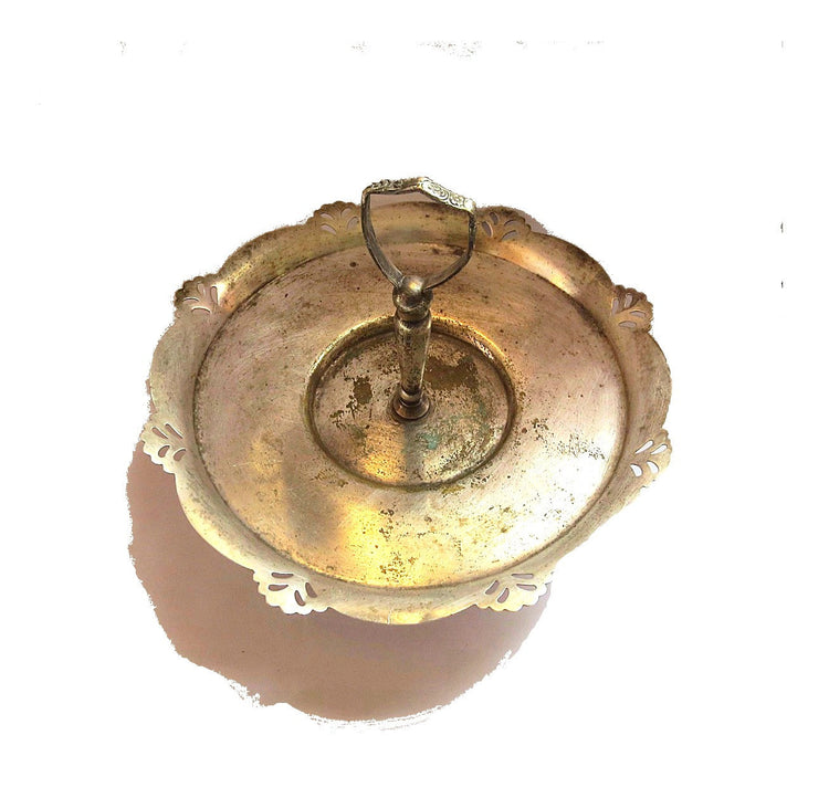 Antique tray. Silver tray. Round tray. Trinket tray. Copper tray. Silver plated tray. Handled tray. Pedestal tray. Center handle tray.