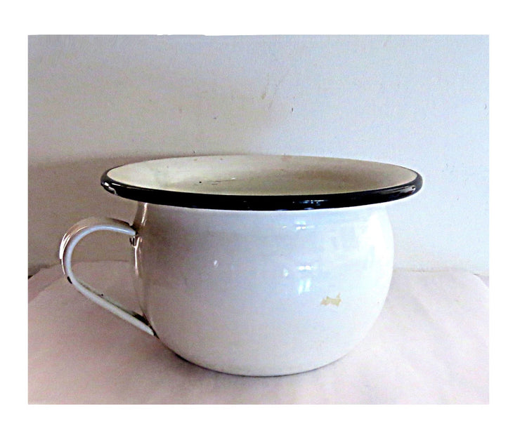 Antique enamel. White planter. Bathroom organization. Ba4911 Enamel pot. Enamelware pot. White enamelware. Metal planter. White enamel chamber pot.