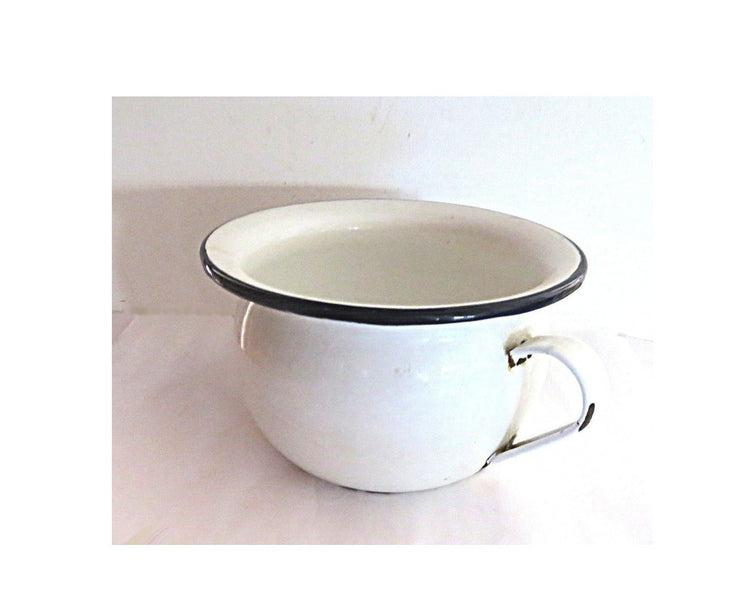 Antique enamel. White planter. Bathroom organization. Ba4911 Enamel pot. Enamelware pot. White enamelware. Metal planter. White enamel chamber pot.