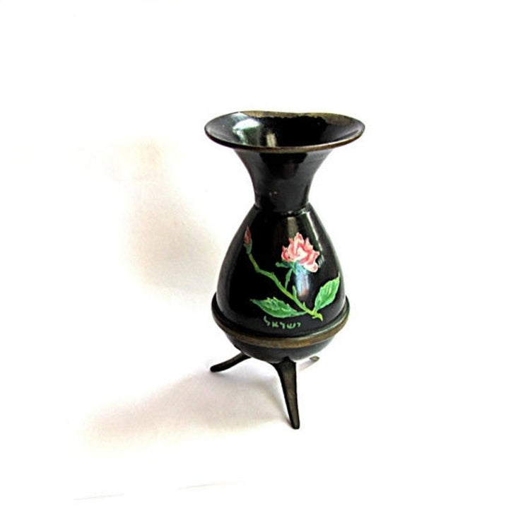 Small vase. Vintage small vase. Painted vase. Floral vase. Rose vase. Black vase. Israel art. Metal vase. Copper vase. Footed. True vintage.
