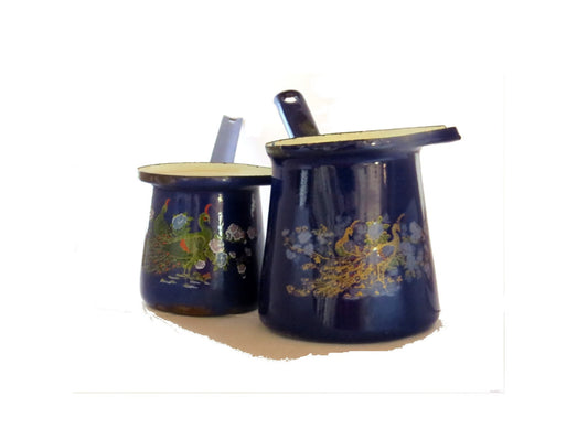 Vintage coffee set. Enammelware. Middle eastern. Enamel coffee pots. Coffee enamelware. Peacock design. Two small coffee pots. Cobalt blue.